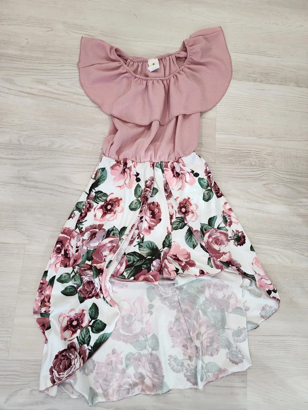 Girls Summer Blush Pink Floral Off-Shoulder Midi Dress With Shorts Size 8